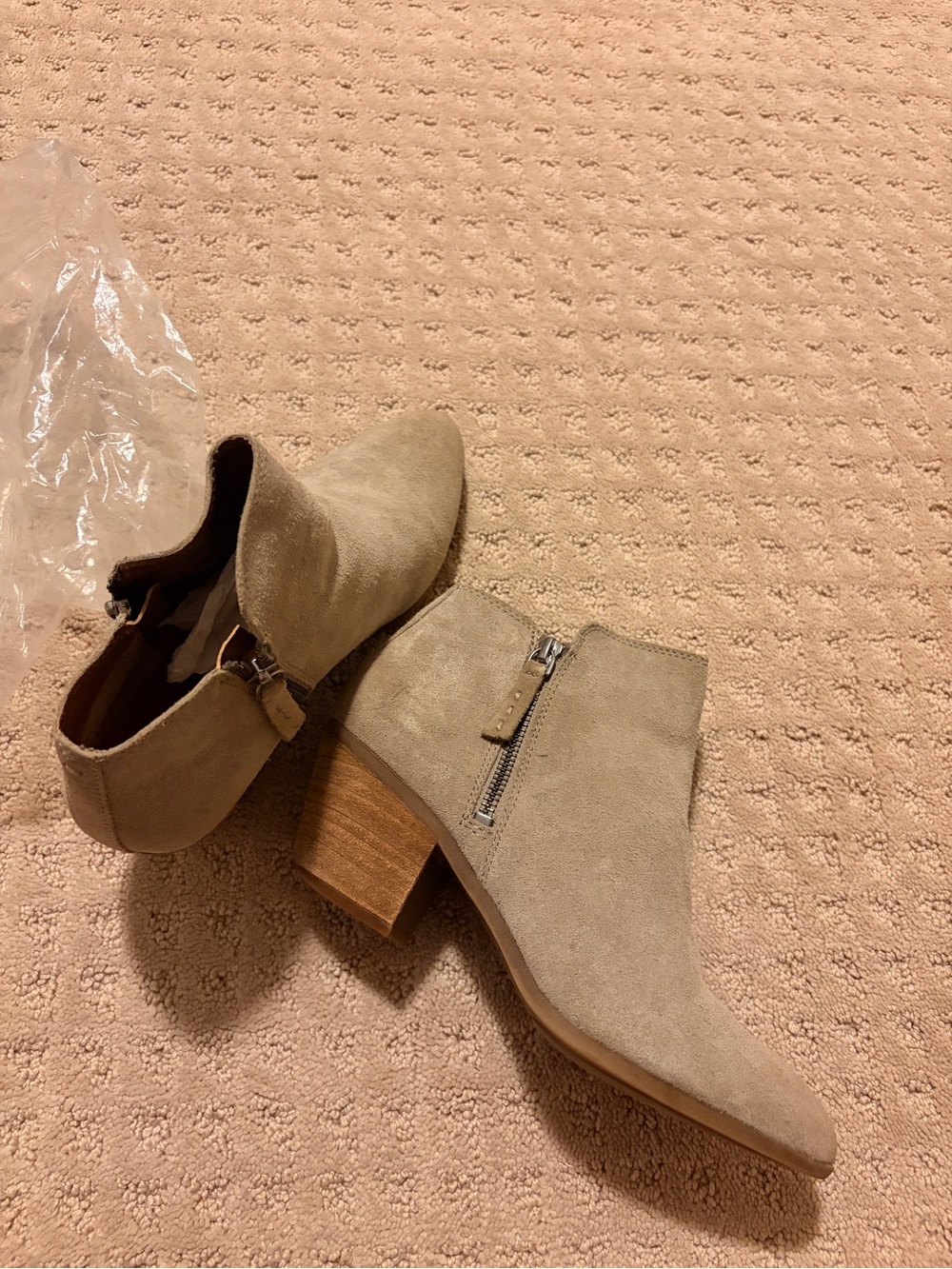Frye Taupe Suede Ankle Booties with Wood Block Heel